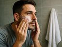A man applying skincare in a modern bathroom as part of his facial routine in Vancouver, representing healthy skin habits and professional facial treatments for men.